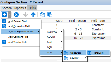 The SUM function being added to the Footer Section. This shows the menu progression from add e z expression field to sum to argos data to total cost.